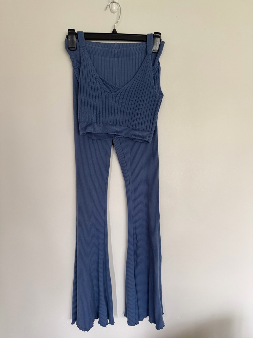 Aerie Blue Ribbed Flare Pants & Knit Crop Top Set Size Small
